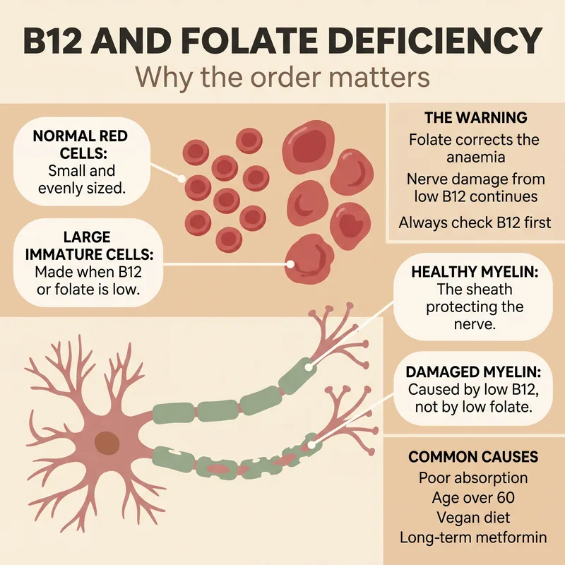 Illustration comparing normal red blood cells with the enlarged immature cells of megaloblastic anaemia, alongside a nerve fibre with a damaged myelin sheath