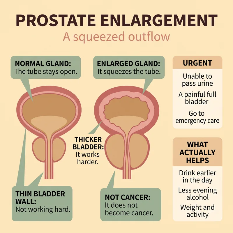 Cross-section comparing a normal prostate around an open urethra with an enlarged prostate compressing the urethra and a thickened bladder wall above