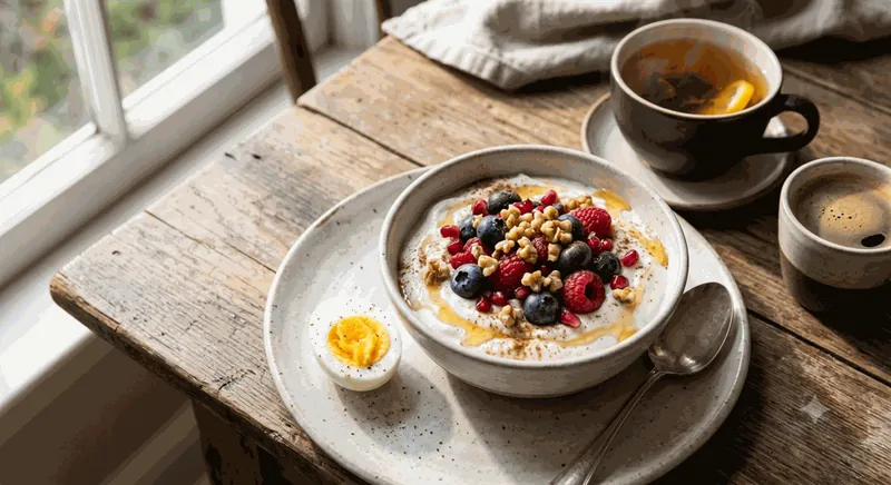 Mediterranean breakfast, Greek yogurt with berries, pomegranate, walnuts, honey and cinnamon, boiled egg, tea and coffee on a wooden table
