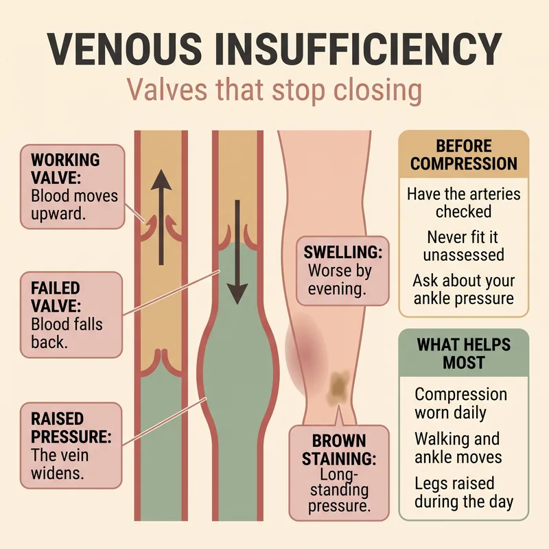 Cross-section of a leg vein comparing a working one-way valve with a failed valve allowing blood to flow backwards, beside a lower leg showing swelling and skin discolouration