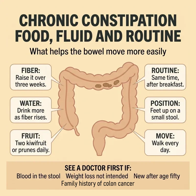 Illustration of the large intestine with the food, fluid and routine changes that help labeled around it, and the warning signs that need a doctor first