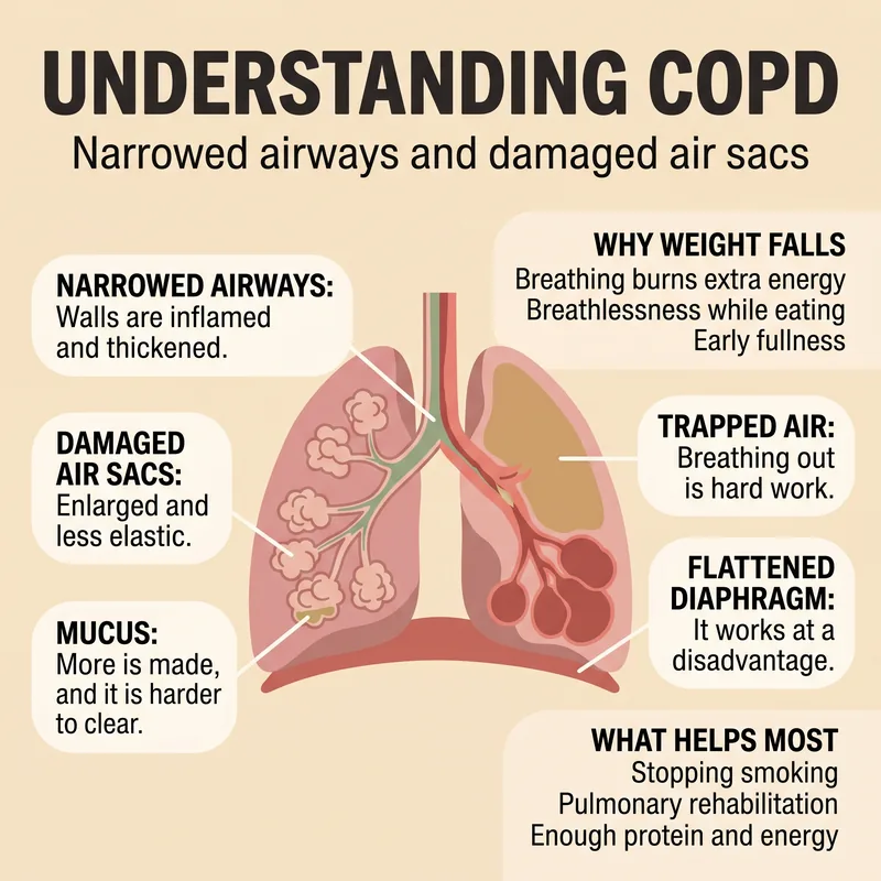 Anatomical illustration comparing healthy airways and alveoli with narrowed inflamed airways and enlarged damaged air sacs, with a flattened diaphragm below