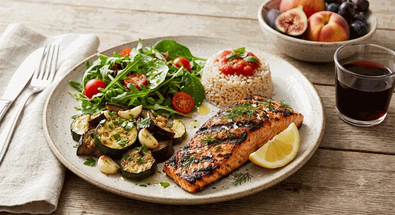 Mediterranean dinner, grilled wild salmon with herbs and lemon, roasted zucchini and eggplant with garlic, brown rice with tomato sauce, arugula salad, glass of red wine, bowl of figs, peaches and grapes