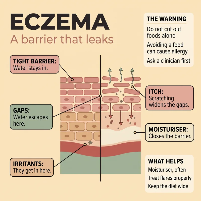 Cross-section of skin comparing an intact barrier with a disrupted eczema barrier showing gaps between cells, water escaping, irritants entering and immune cells below