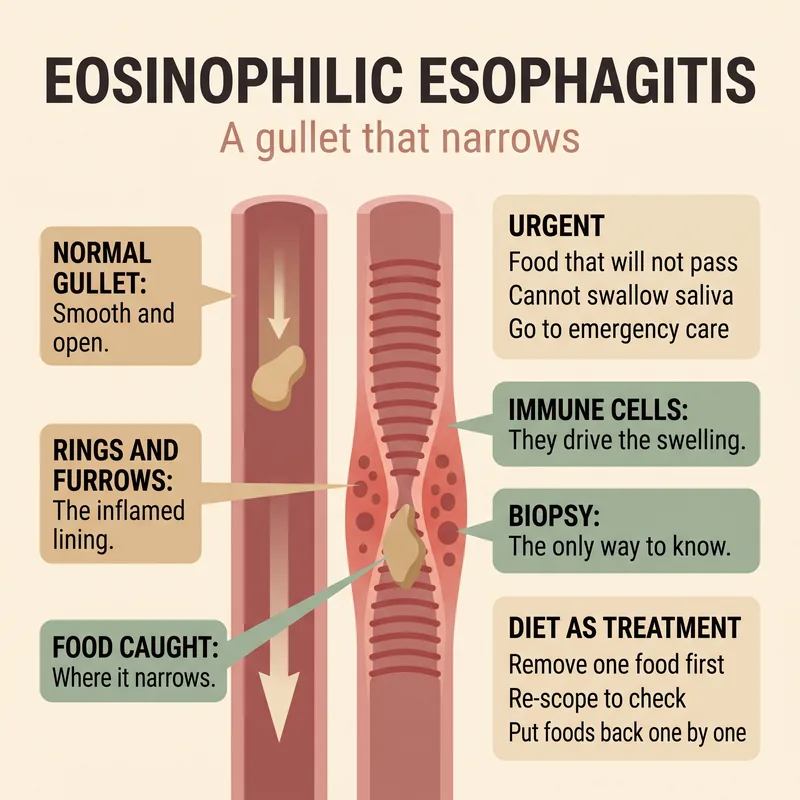 Cross-section of the oesophagus comparing a normal open tube with an inflamed narrowed one showing rings and furrows, with food caught at the narrowing