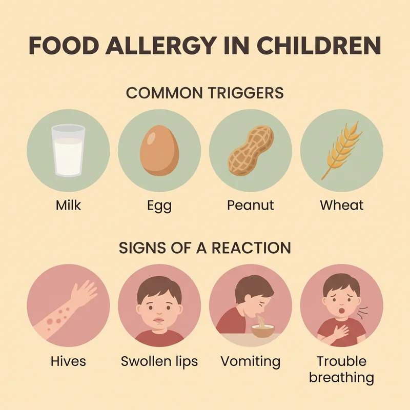 Infographic of the common triggers of food allergy in children, a glass of milk, an egg, a peanut in its shell and a stalk of wheat, above four signs of a reaction: hives on a child's arm, a child with swollen lips, a child vomiting into a bowl and a child with a hand on the chest having trouble breathing