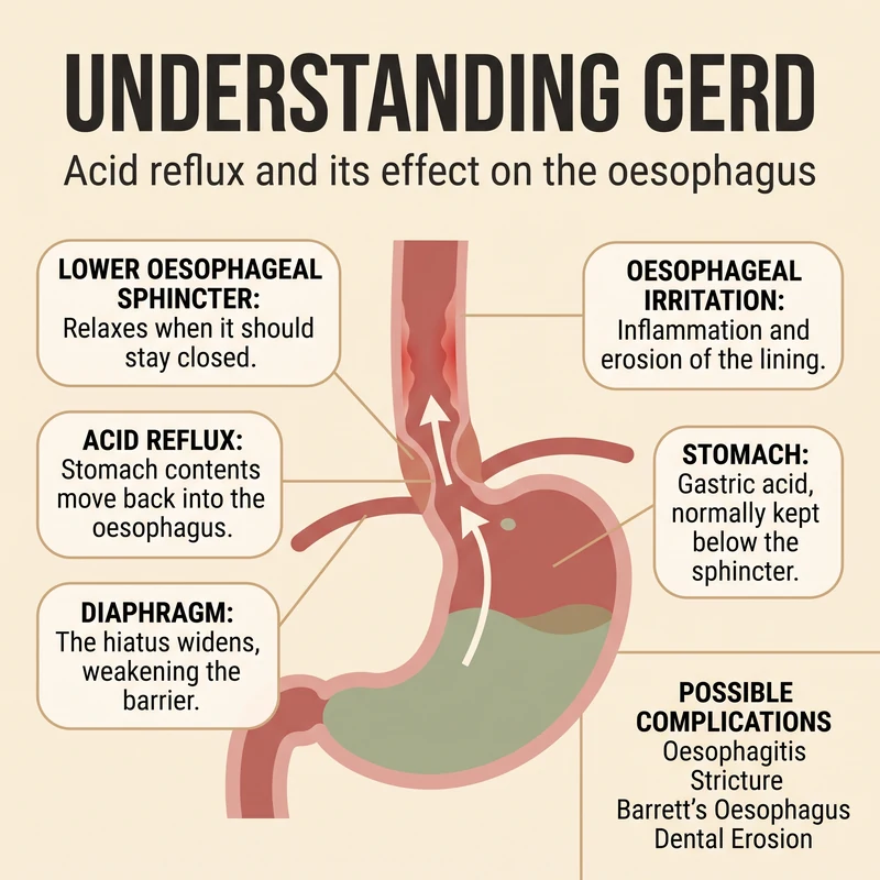 Anatomical illustration of the lower oesophagus, sphincter, diaphragm and stomach, with arrows showing stomach contents moving up into the oesophagus and inflammation of the lining, beside a list of possible complications