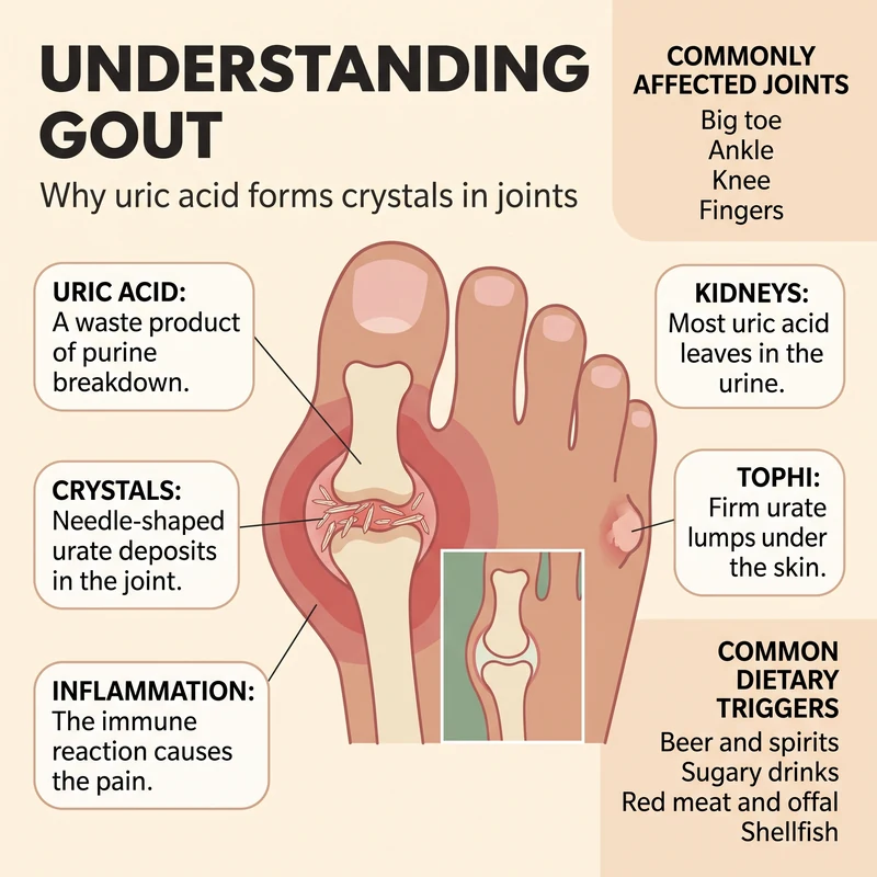 Cross-section of a big toe joint showing needle-shaped urate crystals in the joint space with surrounding inflammation, beside an inset of the same joint healthy