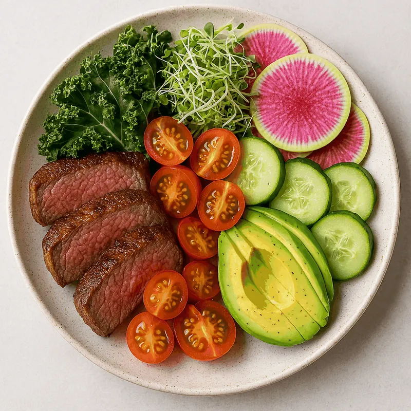 Whole-food keto bowl with grass-fed meat, leafy greens, avocado and watermelon radish