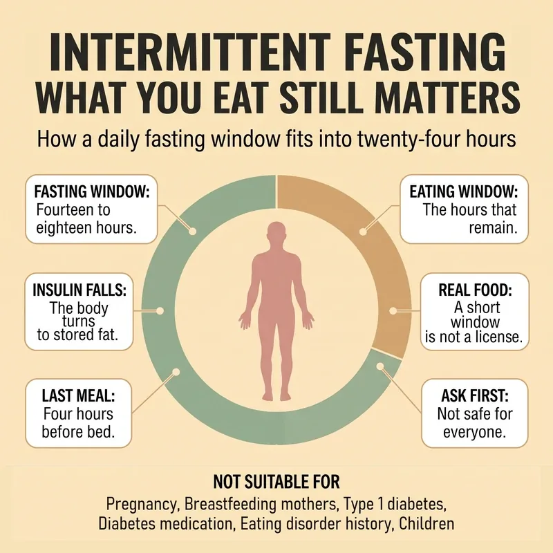 A ring showing a 14 to 18 hour daily fasting window, the remaining hours for eating and who intermittent fasting is not suitable for