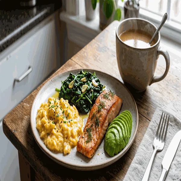 Keto break-fast plate with pastured eggs, sautéed spinach, avocado, and wild salmon