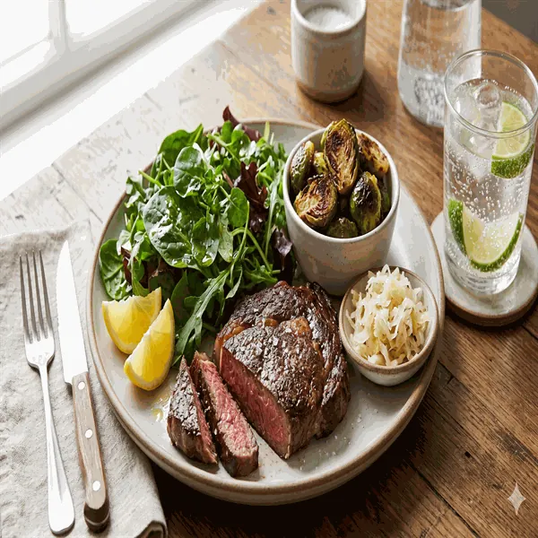 Keto early dinner with grass-fed steak, leafy greens, roasted Brussels sprouts and sauerkraut