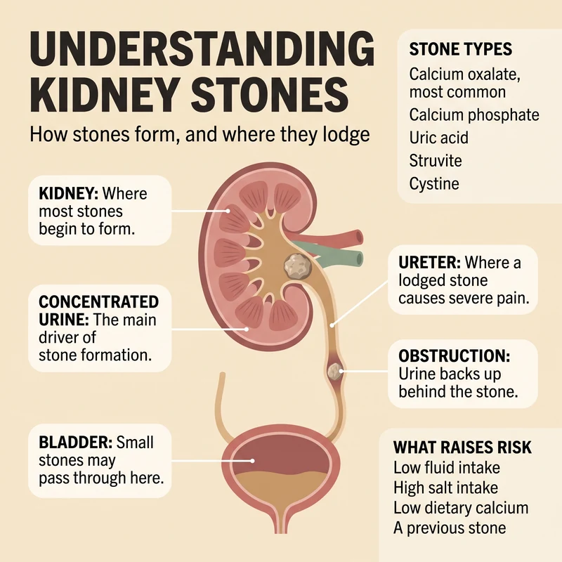 Cross-section of a kidney showing a stone forming in the renal pelvis, the ureter with a stone lodged part way down causing urine to back up, and the bladder below