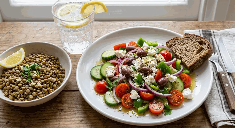 Mediterranean lunch, Greek salad with feta and olives, side of lentils with lemon and parsley, whole-grain sourdough, sparkling water with lemon