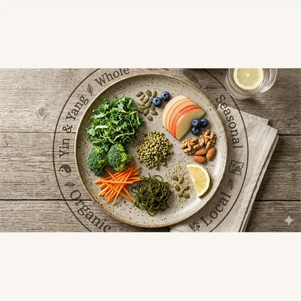 Macrobiotic plate: brown rice, miso soup, sea vegetables, pickles and seasonal vegetables