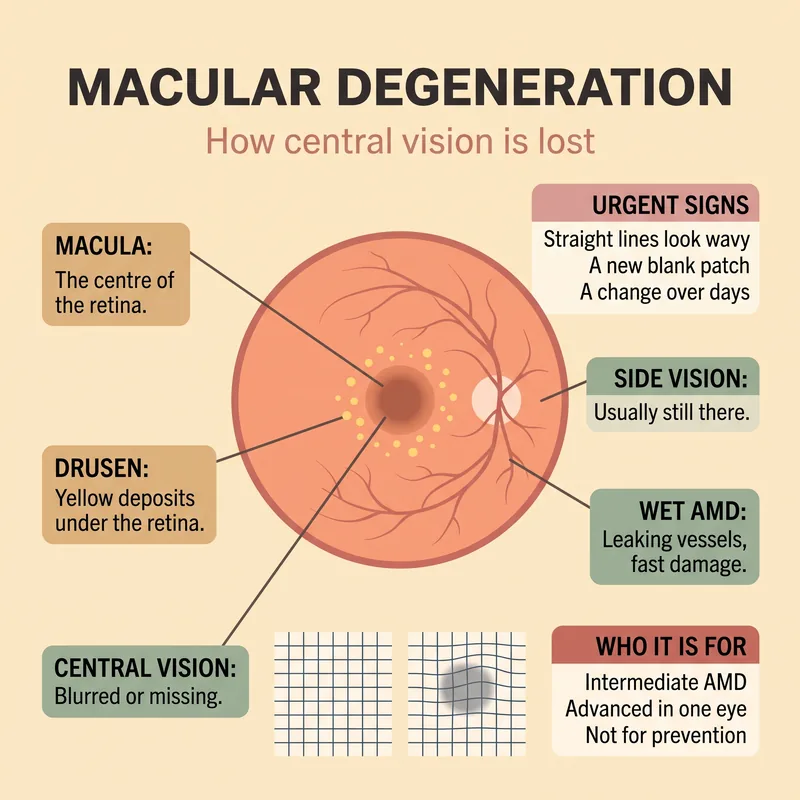 Front-on view of the retina showing the dark central macula ringed by yellow drusen deposits, with the optic disc and blood vessels to one side, beside two grids showing straight lines and the same lines distorted around a grey central patch