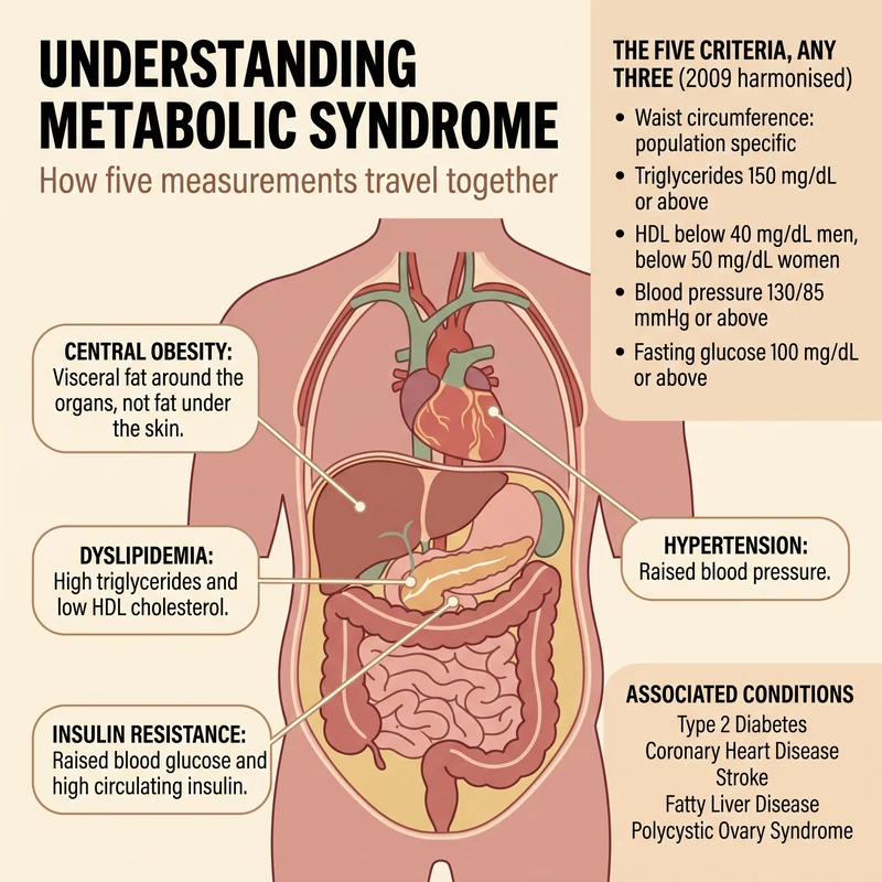 Diagram of the five metabolic syndrome criteria arranged around a central illustration of visceral adipose tissue, showing how insulin resistance links waist circumference, triglycerides, HDL cholesterol, blood pressure and fasting glucose