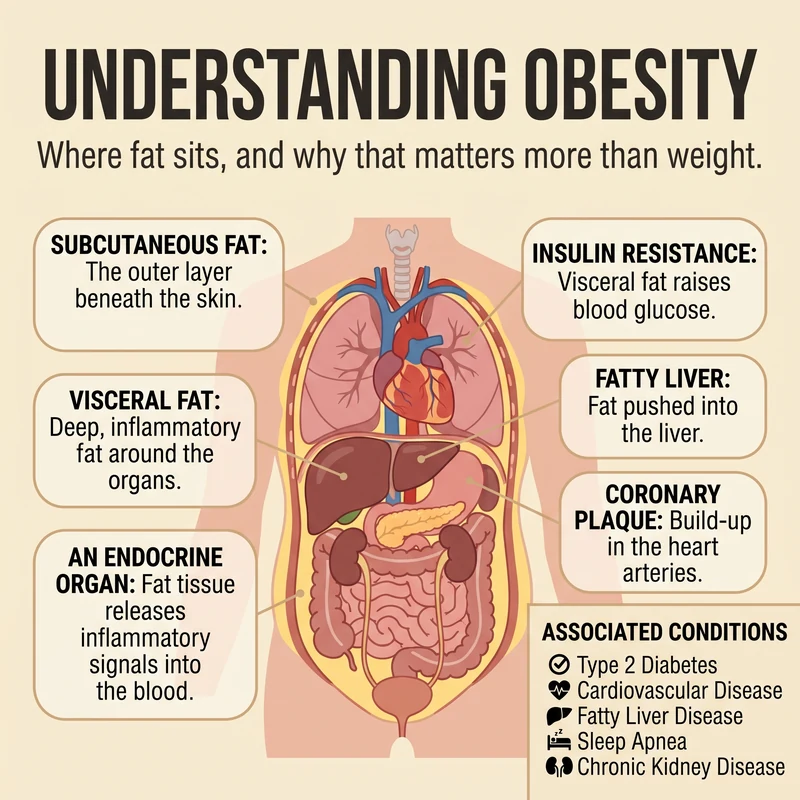 Anatomical cutaway of a torso showing the subcutaneous fat layer beneath the skin and the visceral fat surrounding the liver, pancreas and intestines, with labels for insulin resistance, fatty liver and coronary plaque, beside a list of associated conditions