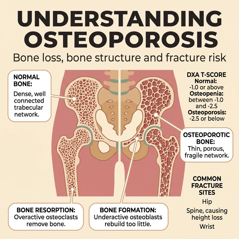 Cross-section comparison of healthy trabecular bone and osteoporotic bone showing thinned and disconnected trabeculae, alongside the common fracture sites at the hip, spine and wrist