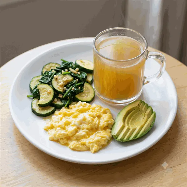 Scrambled eggs with sautéed zucchini, spinach, avocado, and bone broth
