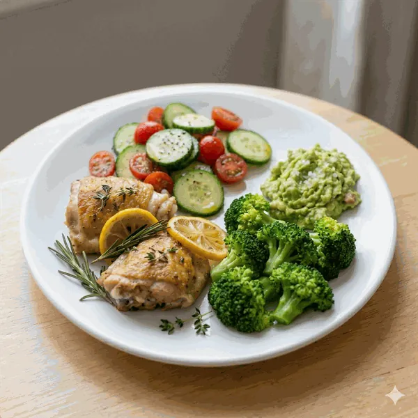 Lemon-herb chicken thighs with broccoli, cucumber-tomato salad, and guacamole