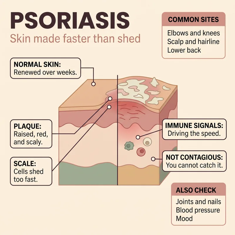 Cross-section of skin comparing normal skin with psoriatic skin showing a thickened plaque, rapid cell turnover, silvery scale and immune cells in the layer beneath