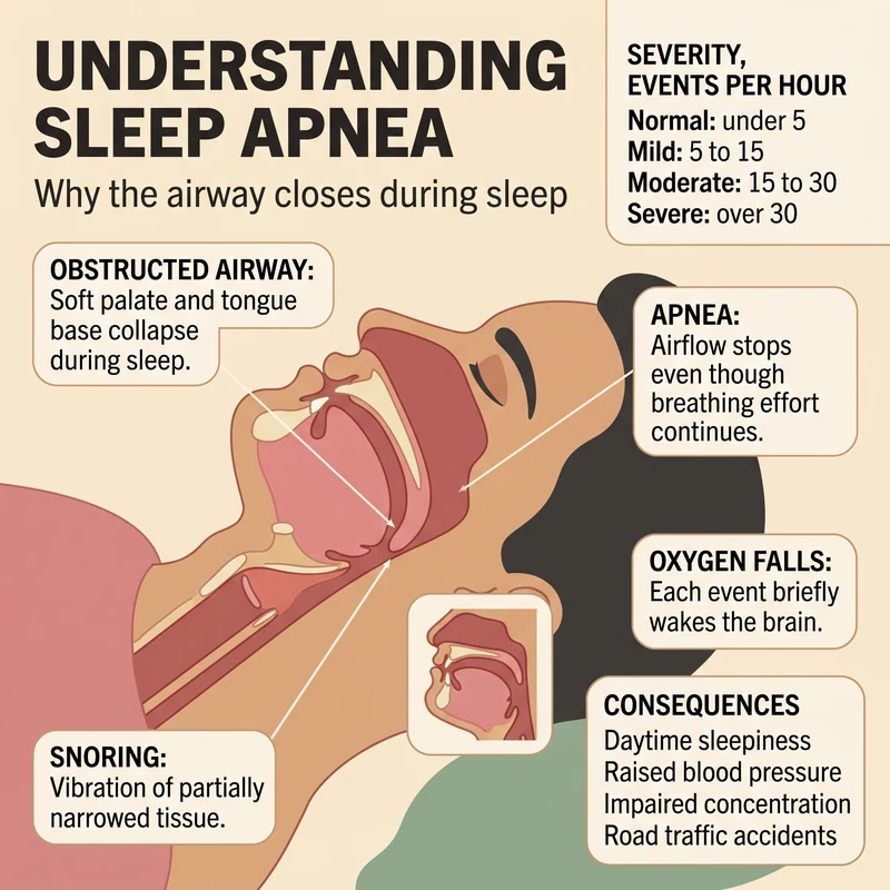 Cross-section of the head and neck of a sleeping person showing the soft palate and tongue base collapsing against the back of the throat, with an inset of the same airway open while awake, beside a table of severity by events per hour