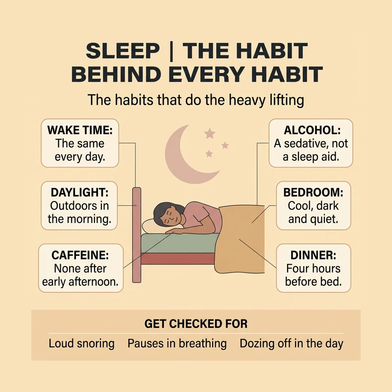 Sleep, the habit behind every habit. Around a person asleep in bed under a crescent moon: the same wake time every day, daylight outdoors in the morning, no caffeine after early afternoon, alcohol as a sedative and not a sleep aid, a cool, dark and quiet bedroom, and dinner four hours before bed. Get checked for loud snoring, pauses in breathing or dozing off in the day.