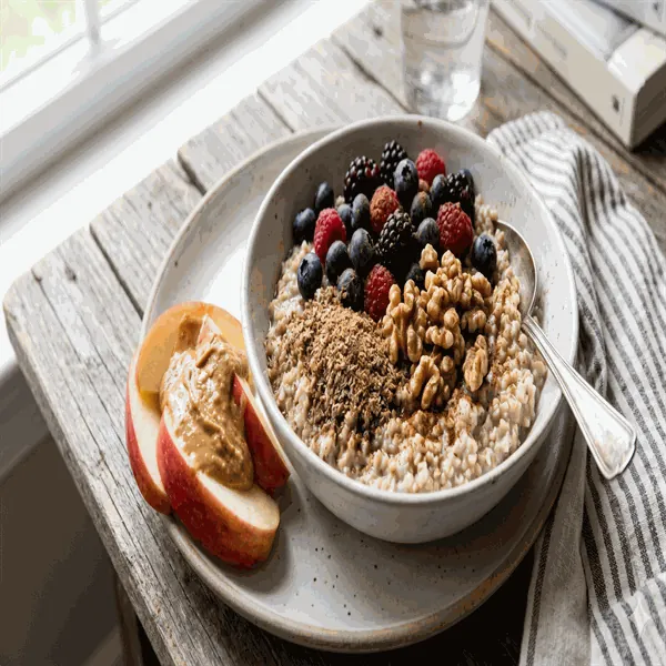 Vegan morning plate with soaked oats, berries, ground flax and soaked walnuts