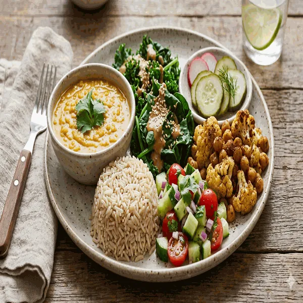 Vegan Indian-style dinner plate with red lentil dal, soaked brown basmati rice, steamed greens and roasted cauliflower