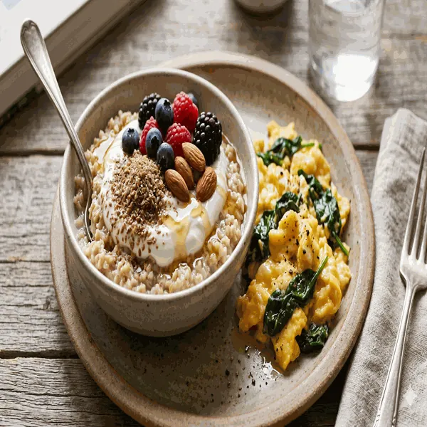 Vegetarian morning plate with soaked oats, berries, ground flax and pastured eggs with greens