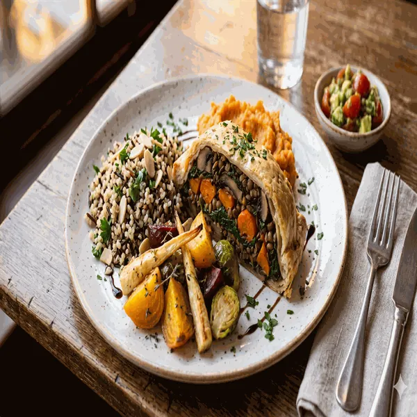 Vegetarian evening plate with stir-fried vegetables, soaked brown rice, spiced chickpeas and raita