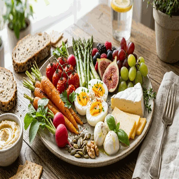 Clean vegetarian bowl: soaked grains, legumes, vegetables, pastured egg and fermented sides