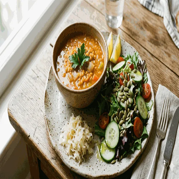 Vegetarian midday plate with lentil soup, mixed salad, pumpkin seeds and sauerkraut