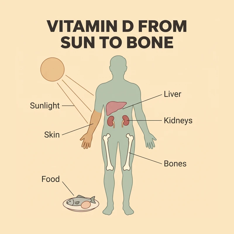 Vitamin D from sun to bone. A standing figure with sunlight falling on the skin of one arm, a plate of fish and an egg for food, and the liver, kidneys and bones marked: the organs that activate vitamin D and the bones it serves.